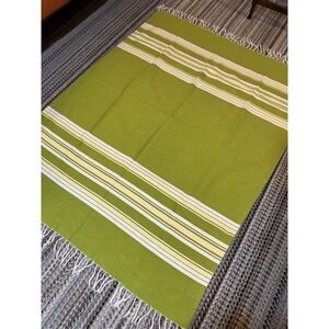 Pottery Barn Lime Green Striped Cotton Throw Blanket with Fringe 50x60